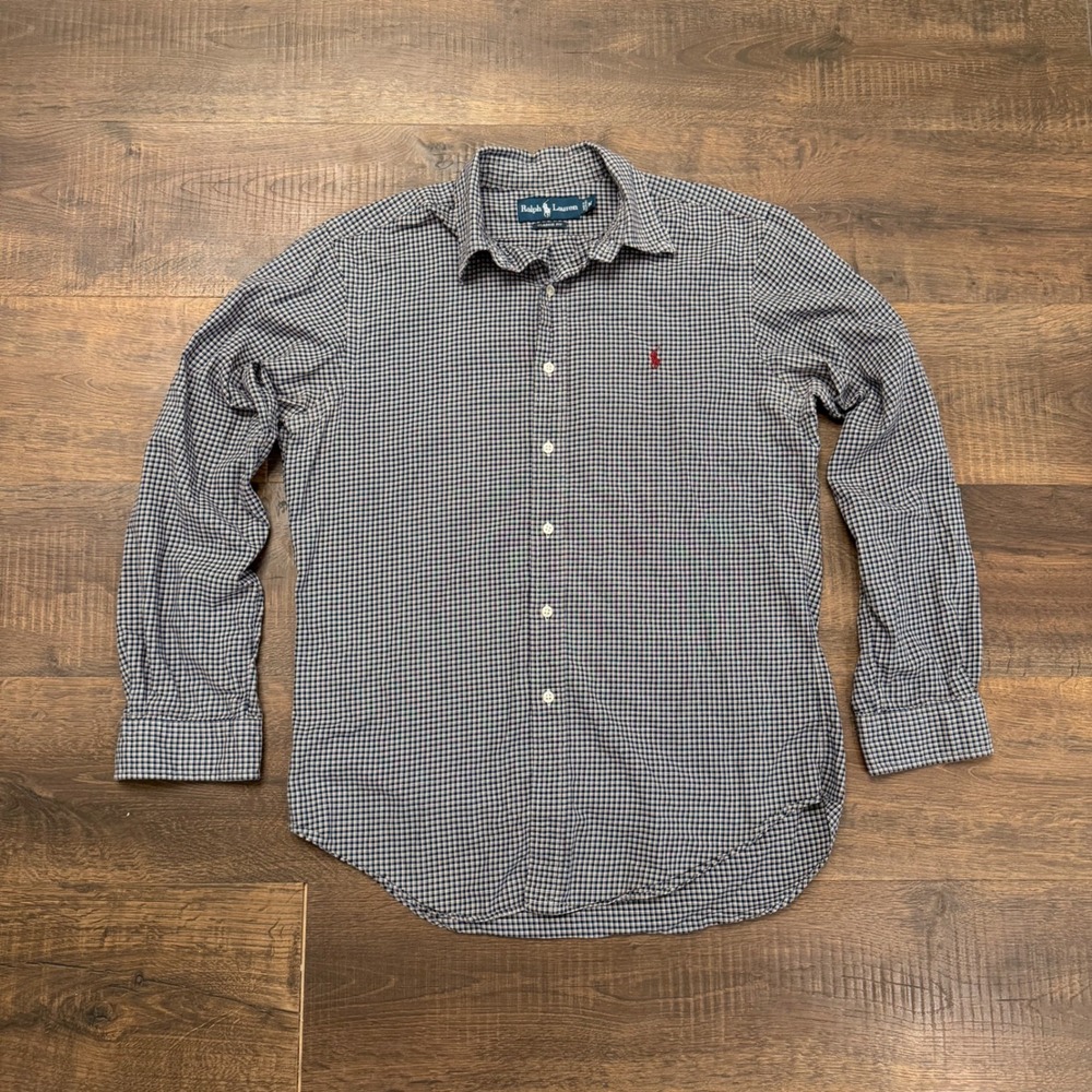 Ralph Lauren Mens Classic Fit Gingham Button Down Shirt Navy Blue White Size M